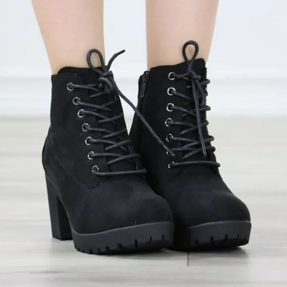 Black Suede Ankle Chunky Block Lug High Heel Boots Lace-Up - Picture 2 of 13